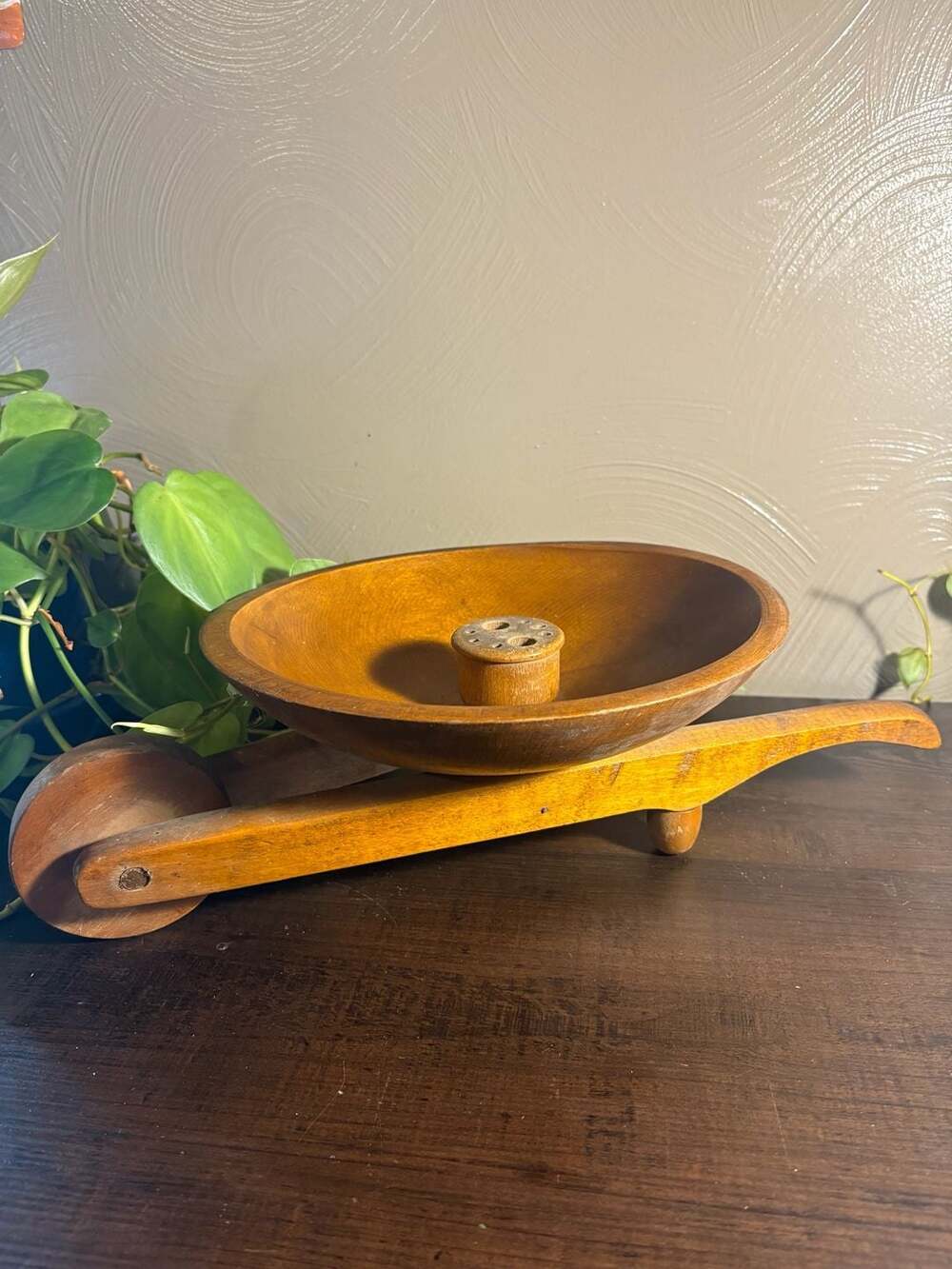 Vintage Mid-Century Woodcroftery Hand-Carved Wooden Wheelbarrow Nut Bowl